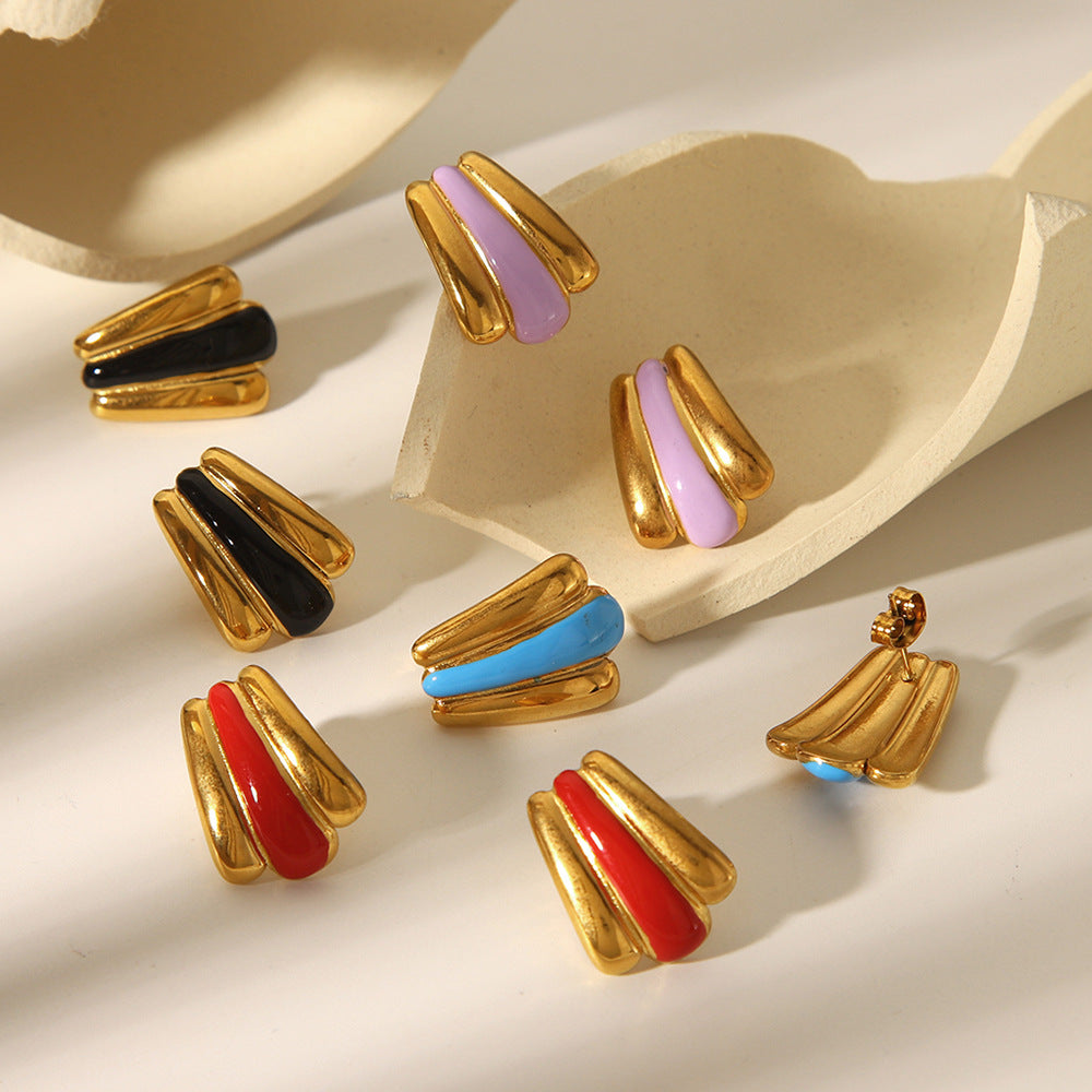 Geometric Fan-Shaped Enamel Stainless Steel Earrings with 18K Gold Plating for Women