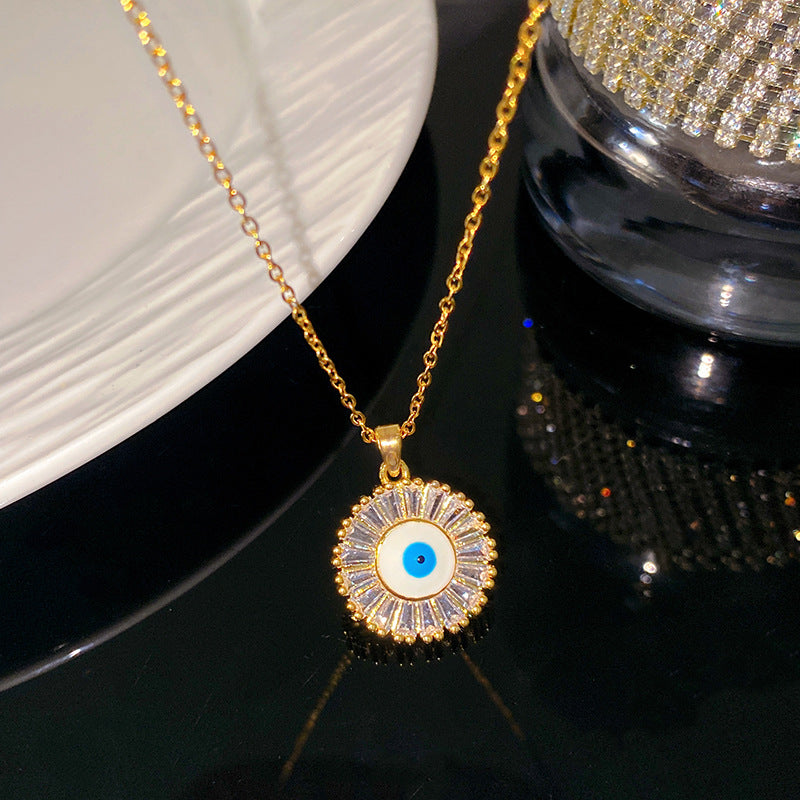 Sporty Sweet Evil Eye Floral Pendant Titanium Steel Necklace with Cable Chain