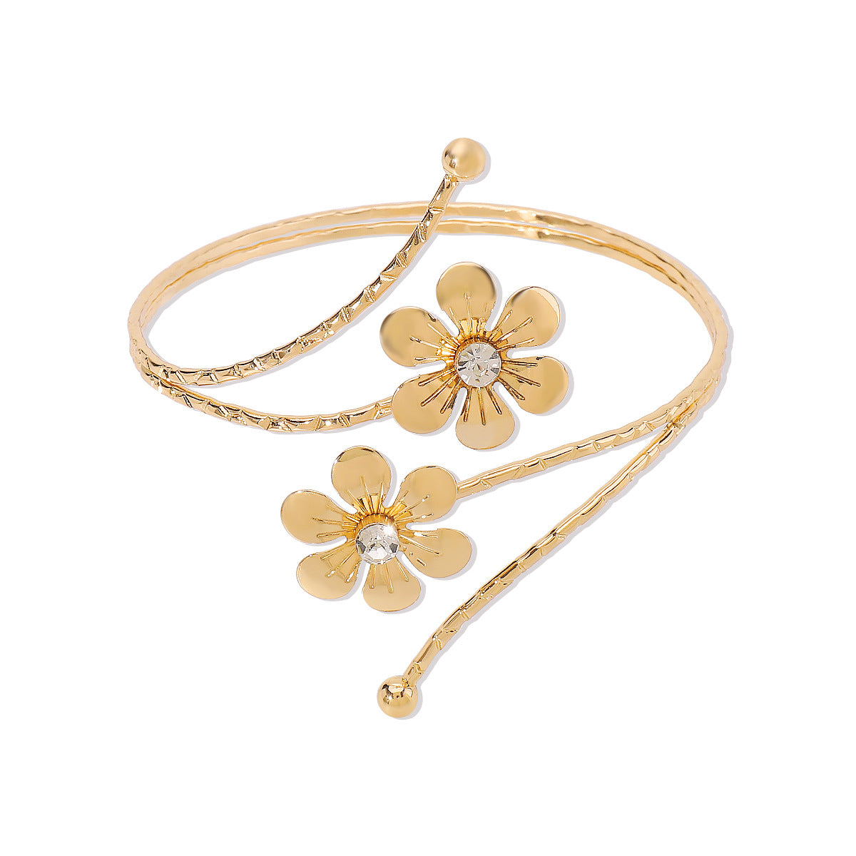 Punk Style Adjustable Flower and Leaf Shaped Arm Cuff Bracelet for Women Made of Iron with Rhinestone Inlay and Plated Finish