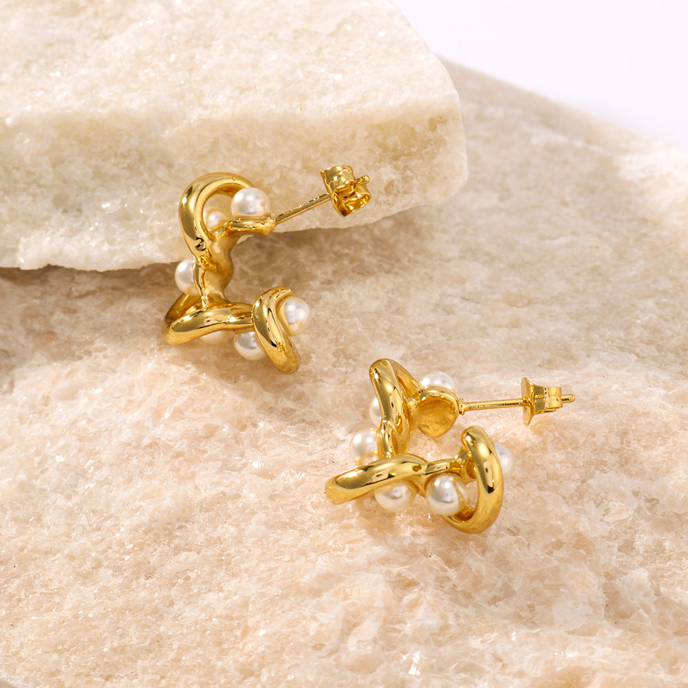 Geometric Pearl-Inlaid Stainless Steel Hoop Earrings with C-Shaped Hollow Design and Vacuum Gold Plating for Women