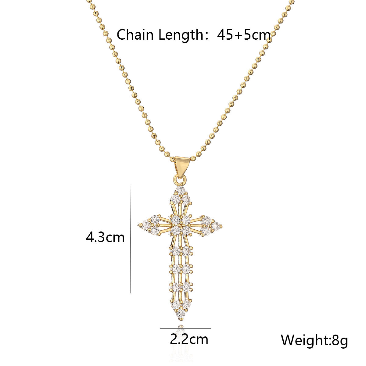 Collana pendente a croce minimalista da donna in ottone con intarsio in zirconi cubici e design geometrico