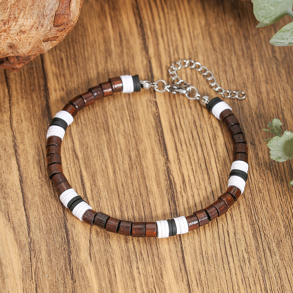 Bohemian Geometric Wood and Stainless Steel Beaded Bracelet for Men and Women