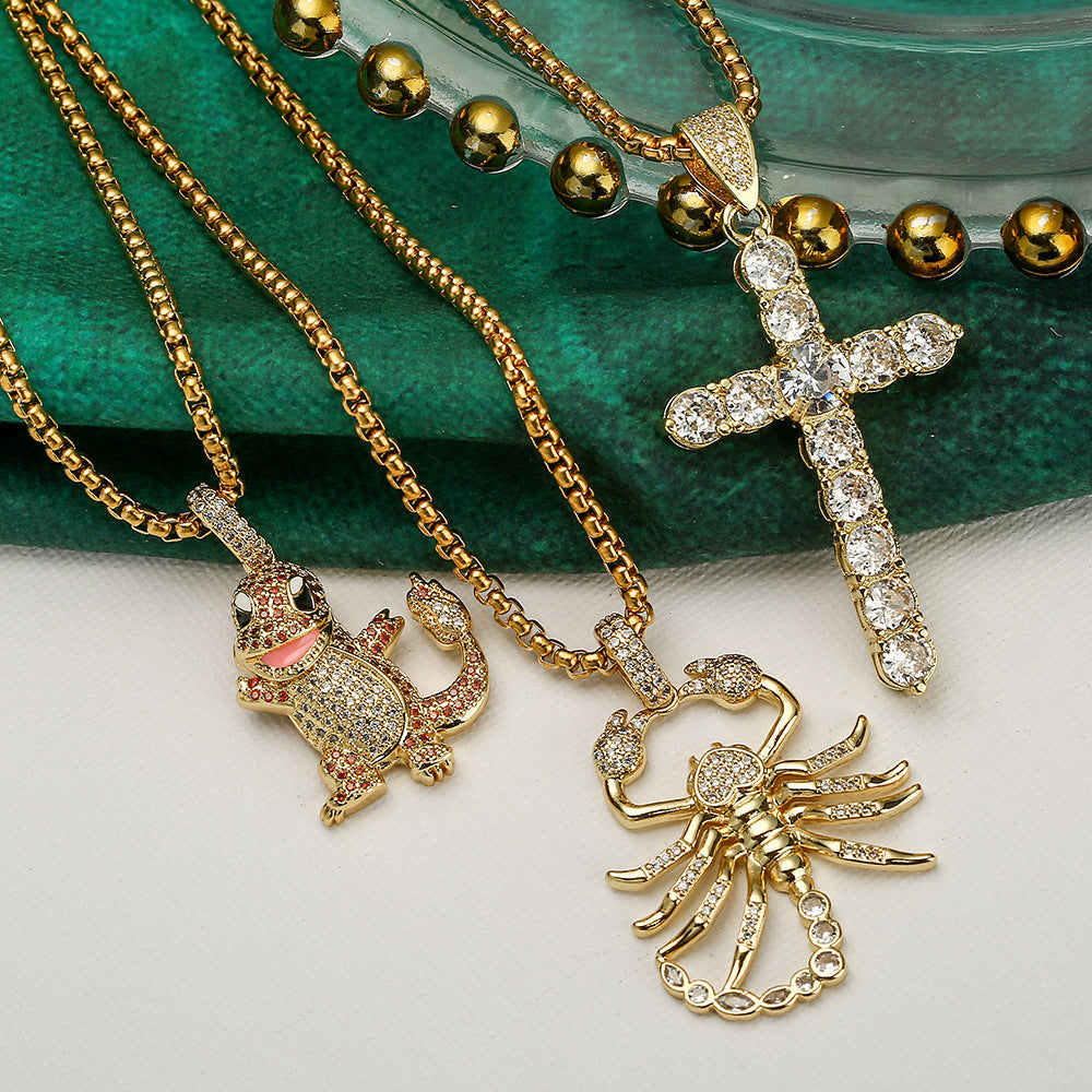 Geometric Dinosaur and Scorpion Pendant Necklace for Women in Copper with Gold Plating and Zircon Inlay