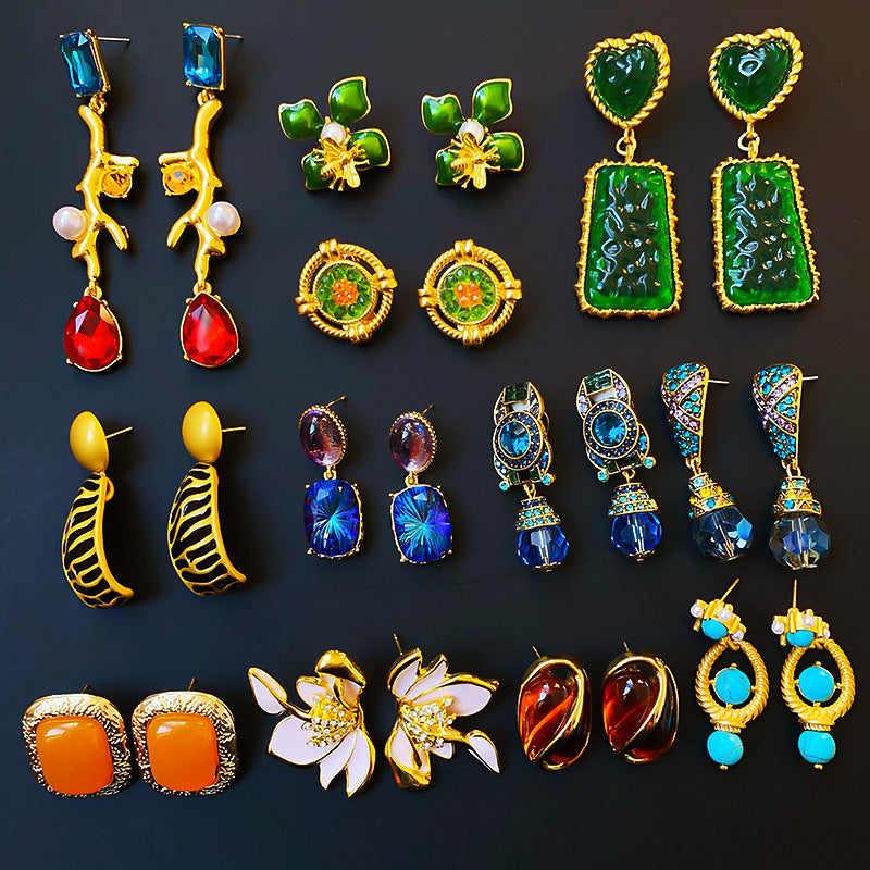 Vintage-Style Geometric Drop Earrings with Rhinestone Inlay in Plated Copper and Stainless Steel Posts for Women