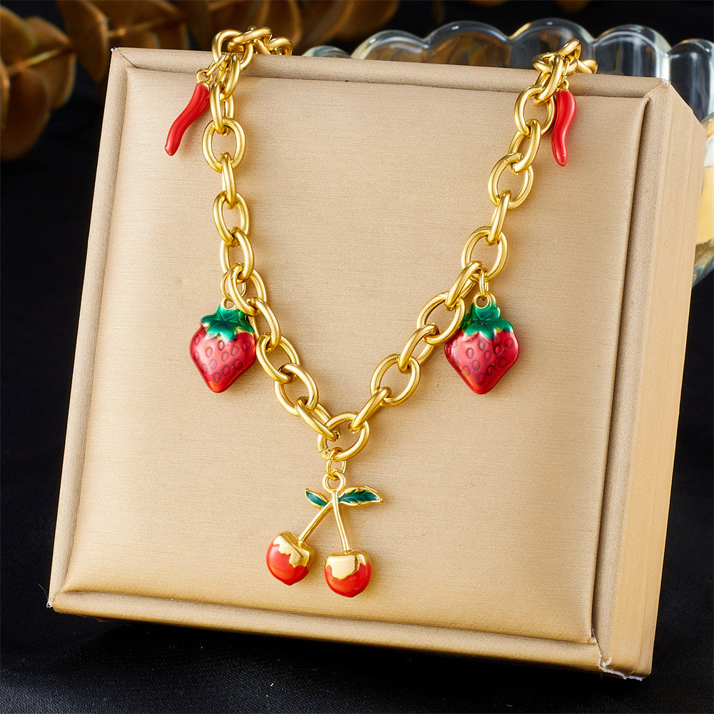 Minimalist Fruit-Shaped Stainless Steel Pendant Necklace with Enamel Finish and O-Chain for Women