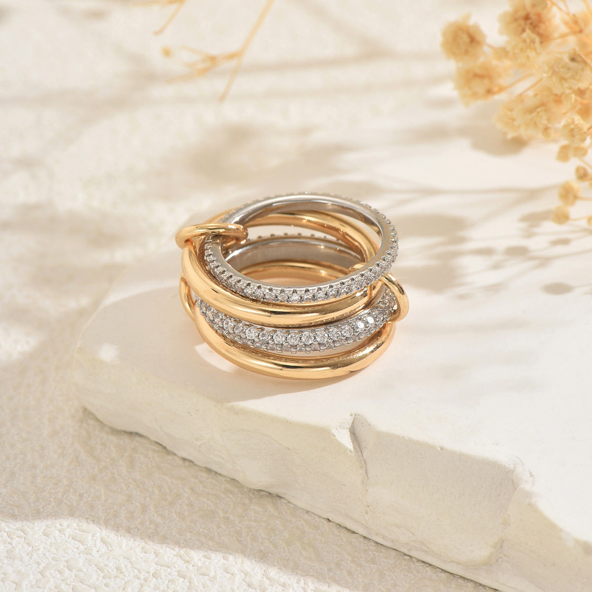 Minimalist Geometric Stackable Ring for Women with Rhinestone Inlay and Circular Hoop Design in Copper