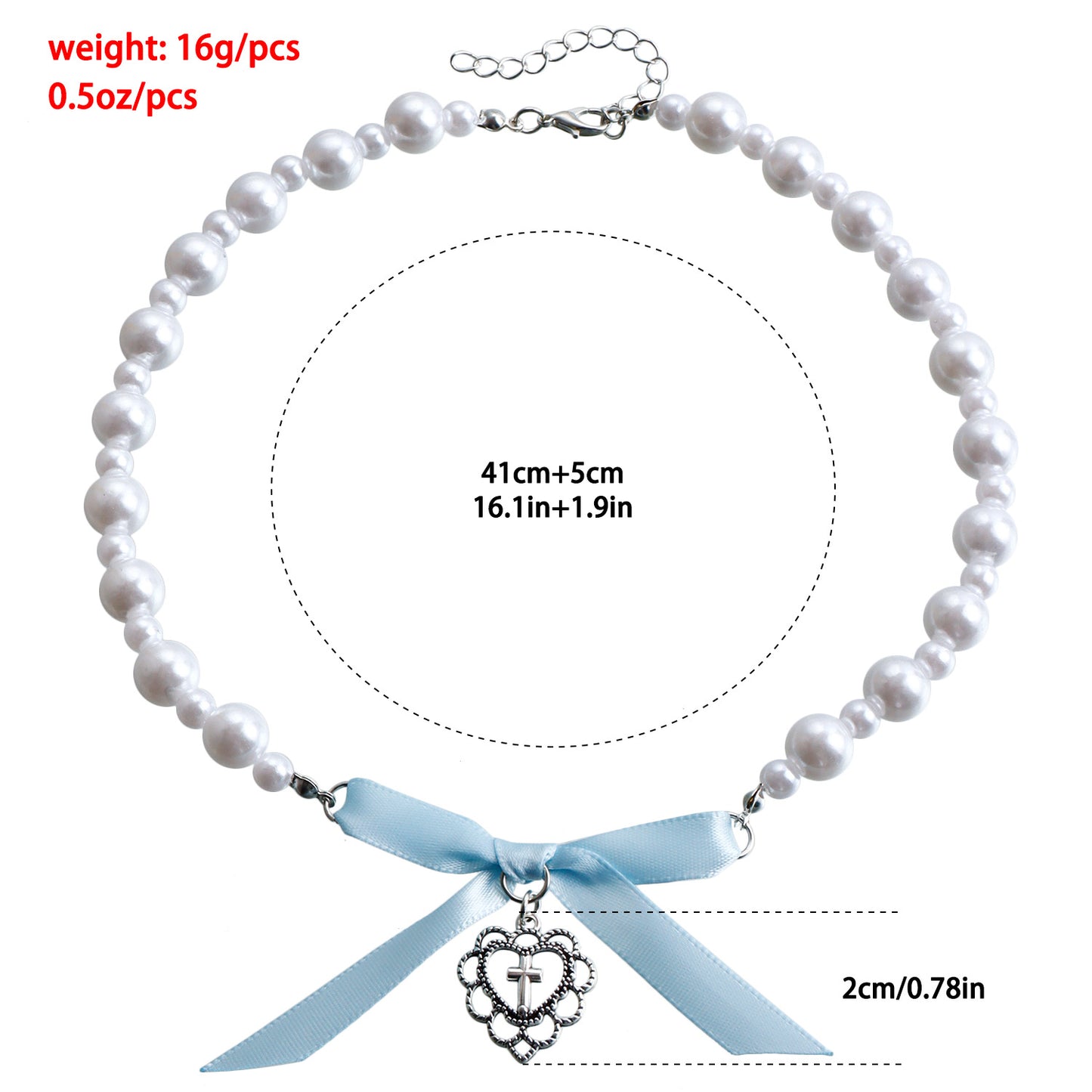 Collana con pendente a cuore romantico e croce con perline acriliche e fiocco in nastro di raso, lega placcata oro, catena sottile, stile chic vintage