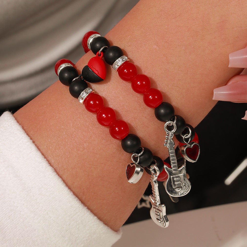 Set di braccialetti magnetici da donna con stella geometrica, nota musicale, cuore, per chitarra, con perline in lega e lavorazione artigianale