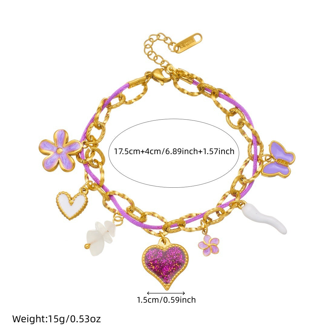 Sweet Purple Drip Oil Butterfly Heart Floral Stainless Steel Pearl Bracelet
