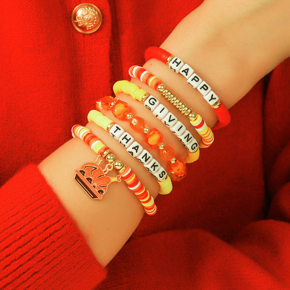 Geometric Resin Brass Acrylic Bracelet Set with Turkey Maple Leaf Pumpkin Letter Charms