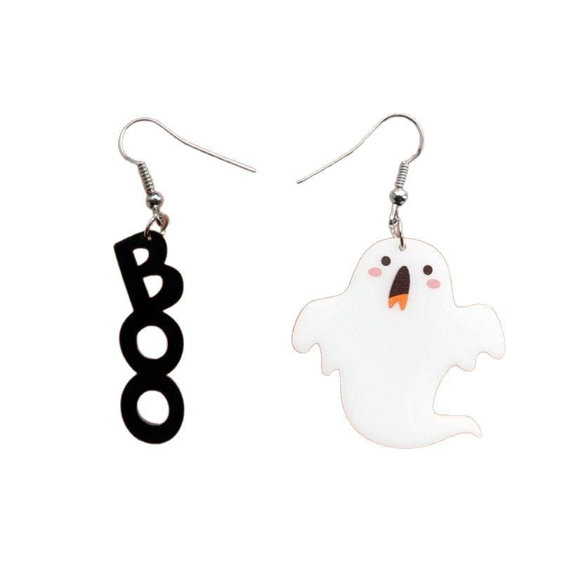 Pendientes de Halloween acrílicos con forma de letra estilo dibujo animado "Boo" para mujer con acabado hecho a mano