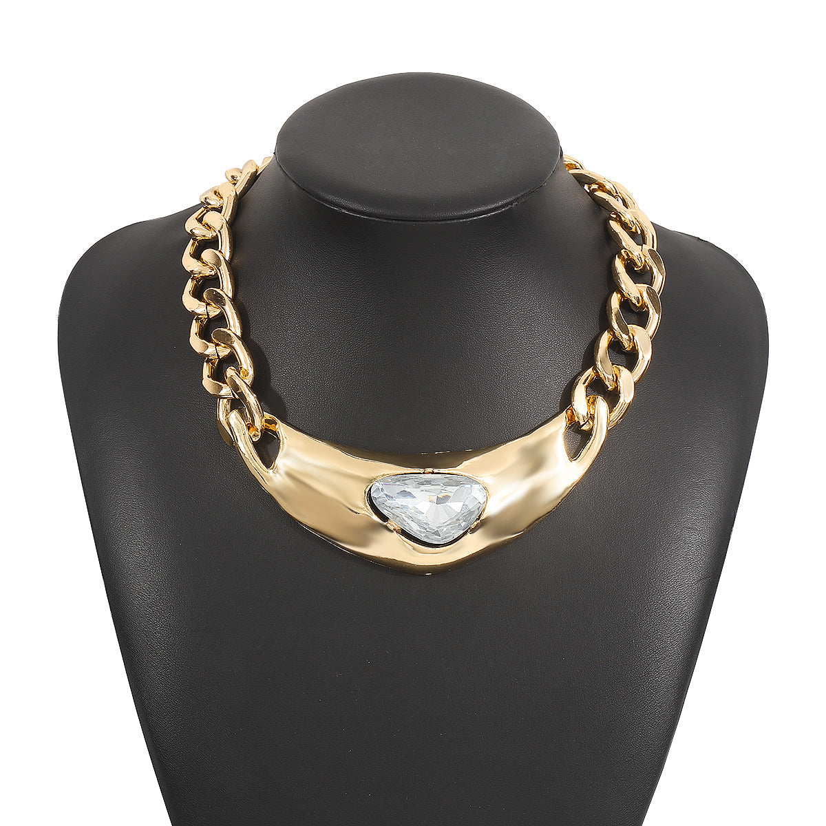 Collana Cubana a Triangolo Geometrico Stile Punk e Orecchini a Perno con Zirconi in Lega con Finitura Galvanica per Donna