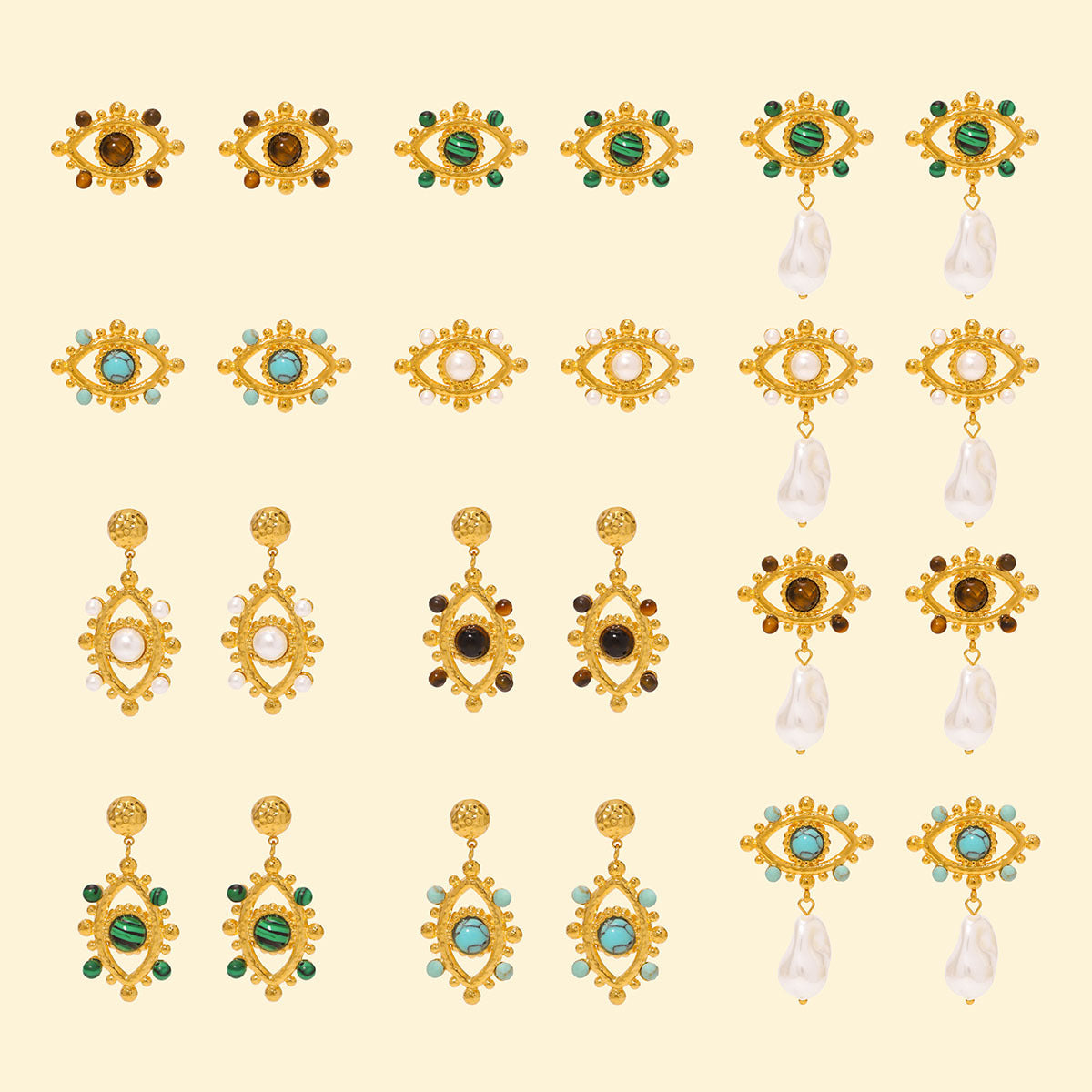 Minimalist Geometric Eye-Shaped Stainless Steel Earrings with Pearl Accents and 18K Gold Plating