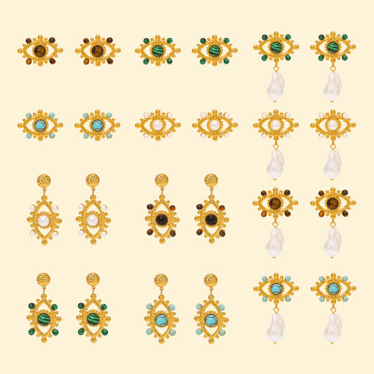 Pendientes minimalistas de acero inoxidable con forma de ojo geométrico, detalles de perlas y chapado en oro de 18 quilates