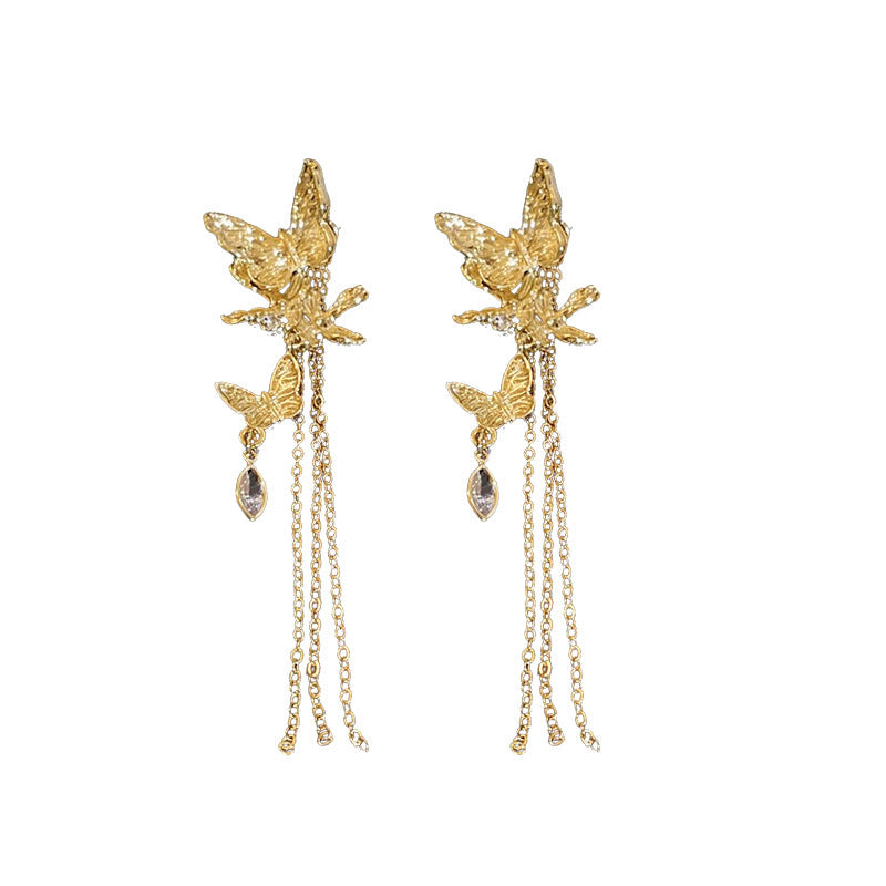 Orecchini a perno pendenti da donna con farfalla e fiore intarsiati di strass, stile chic, con perni in argento 925