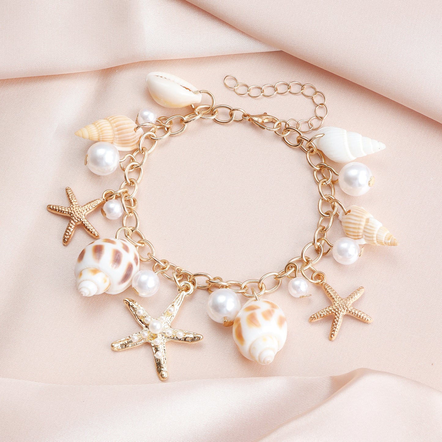 Elegante Pulsera Geométra con Temática Oceánica, Colgante con Motivos de Concha y Estrella de Metal Plateado para un Estilo de Vacaciones en la Playa