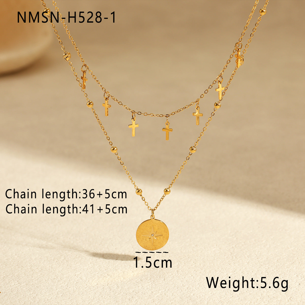Collar con colgante de cruz de acero de titanio de doble capa, estilo vintage, con diseño geométrico de estrella y medallón redondo, cadena de acero inoxidable galvanizado para mujer