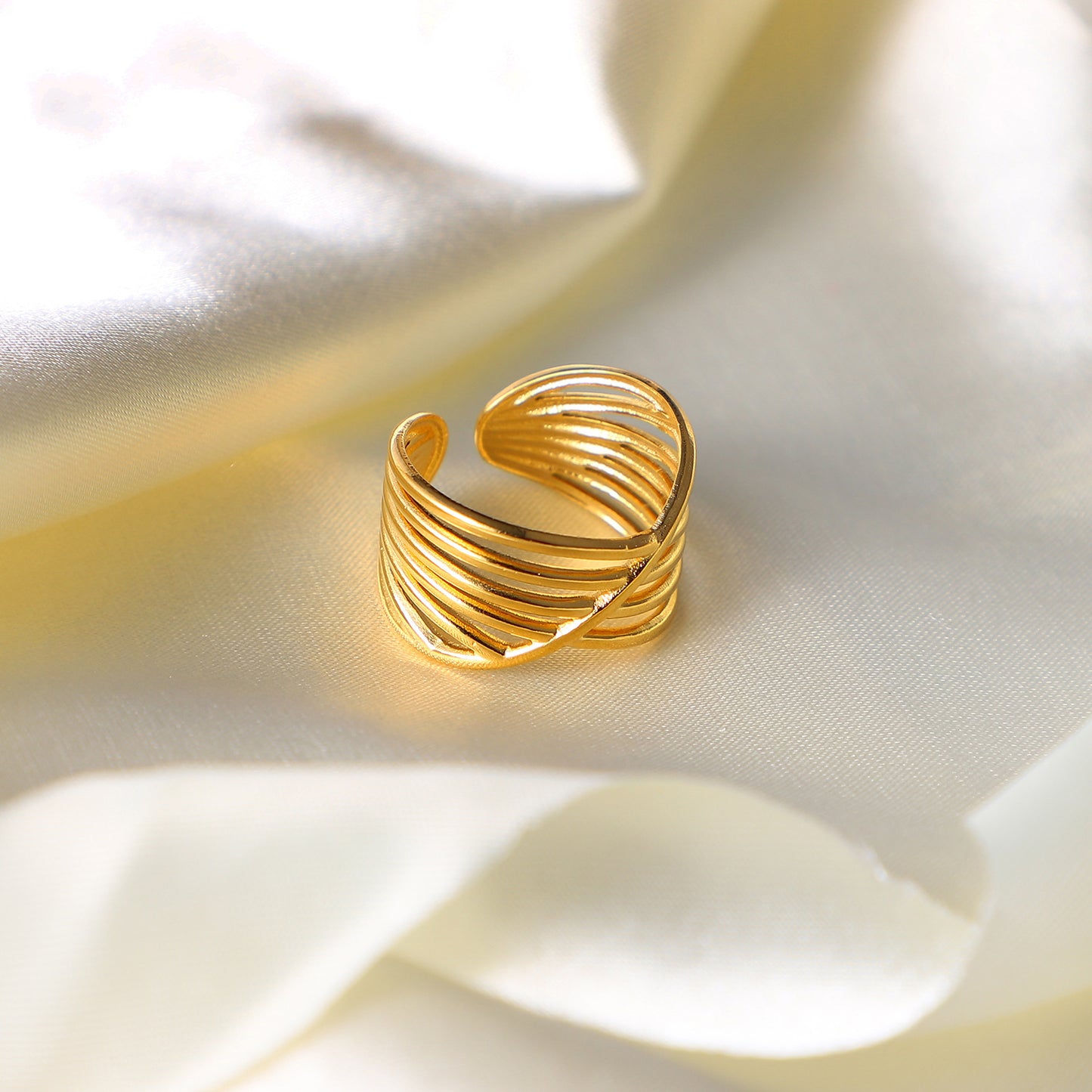 Anillo Abierto Multicapa Cruz Geométrico de Moda Bañado en Oro 18K Acero Titanio Joyería para Mujer