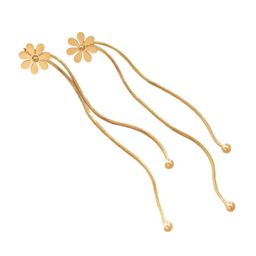 Elegant Stainless Steel Four-Leaf Clover Earrings with Cubic Zirconia and Tassel Design for Women