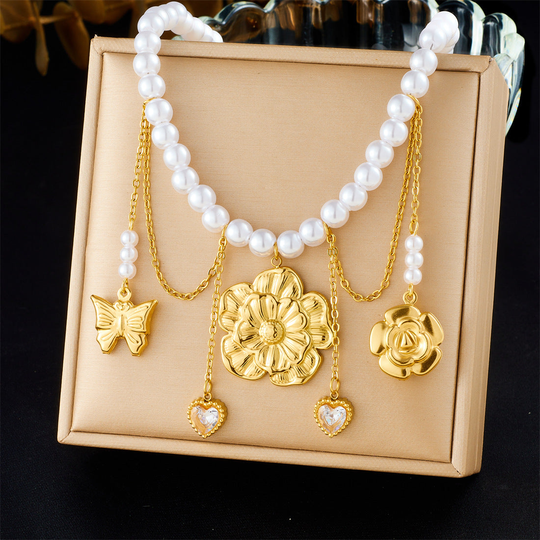 Vintage Elegant Gold Plated Stainless Steel Heart Star Moon Sun Floral Butterfly Rhinestone Pearl Tassel Necklace