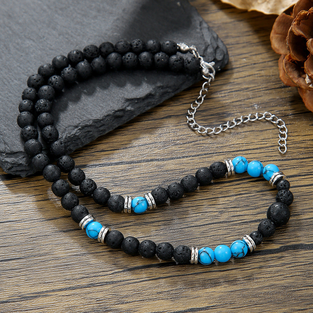 Hip-hop Geometric Round Turquoise Beaded Necklace Stainless Steel Unisex