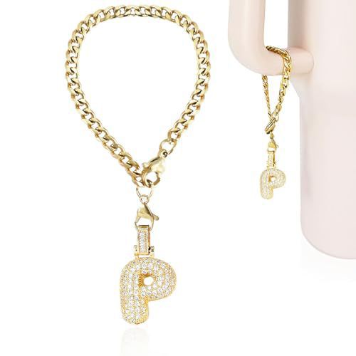 Cubic Zirconia Inlaid Brass Letter Charm Bar with Plated Finish