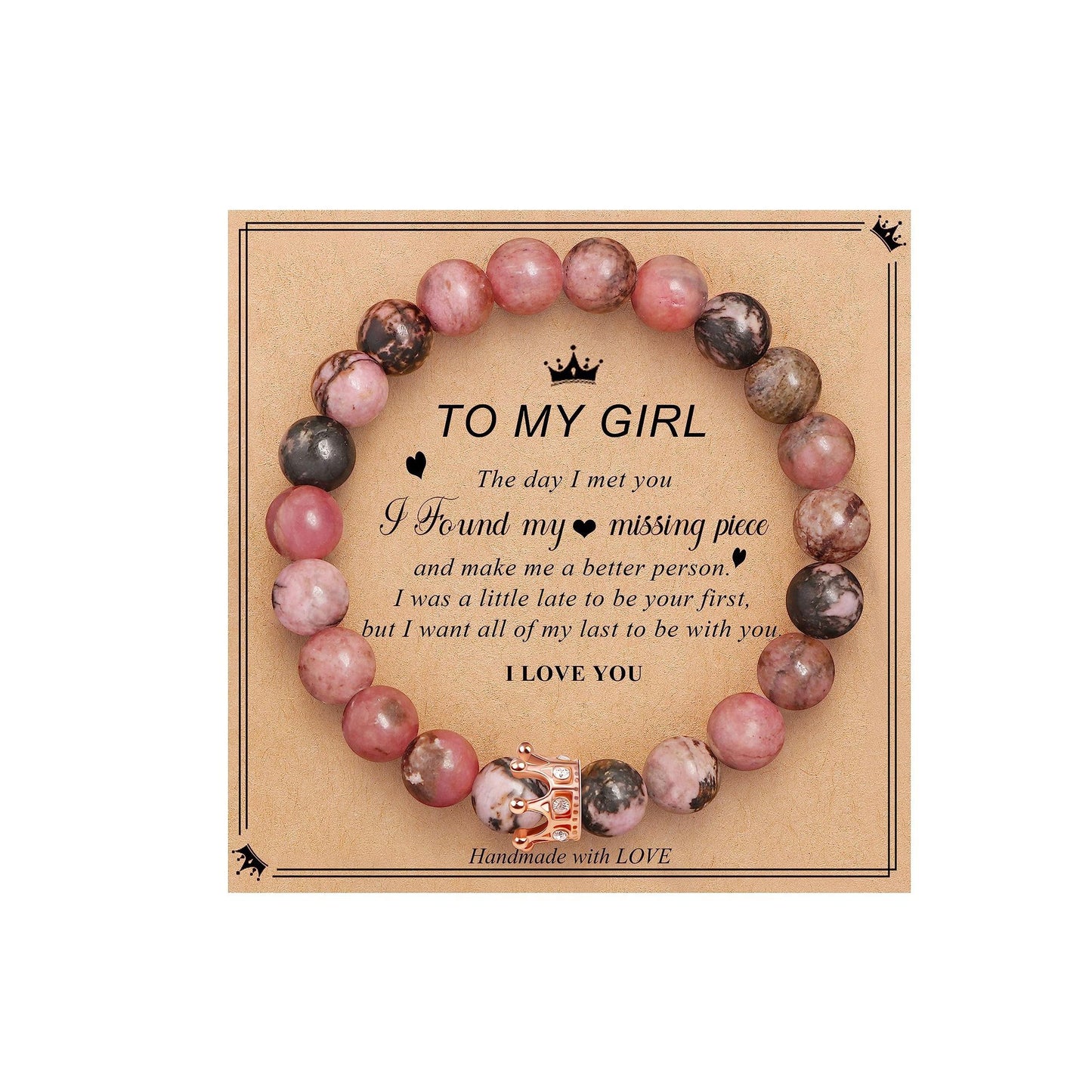 Elegant Crown Brass Bracelet with Natural Agate and Rhodochrosite Beads