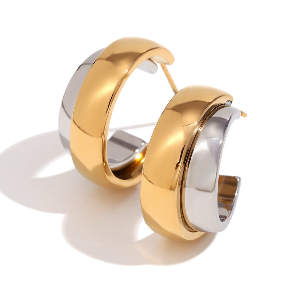 Fashion Minimalist Geometric Double Layer C-Shaped Hoop Earrings Stainless Steel 18K Gold Plated for Women