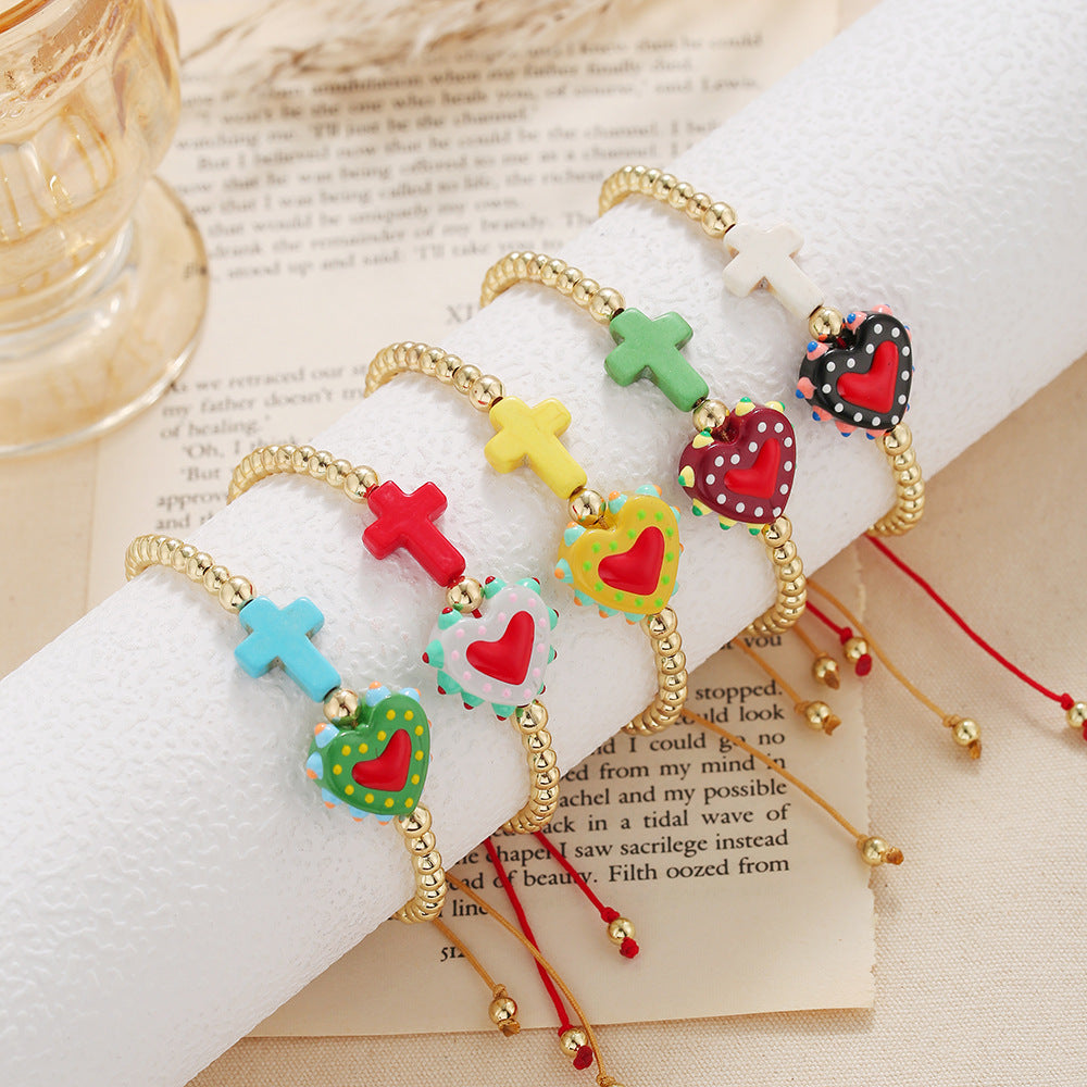 Casual Elegant Handmade Geometric Cross Heart Turquoise Bracelet with Gold Bead Accents
