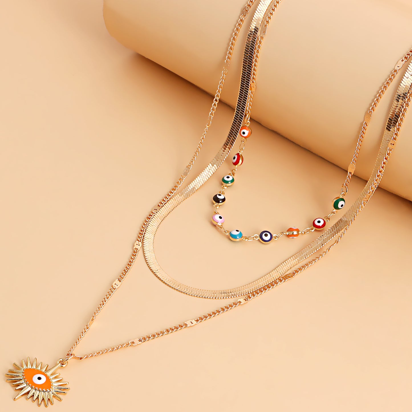 Geometric Demon Eye Pendant Necklace for Women Alloy Plated Multi-Layer Clavicle Chain