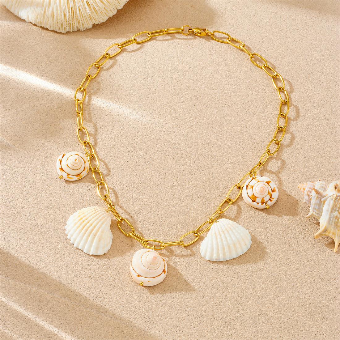 Bohemian Gold Plated Seashell Conch Shell Pendant Curb Chain Necklace for Women