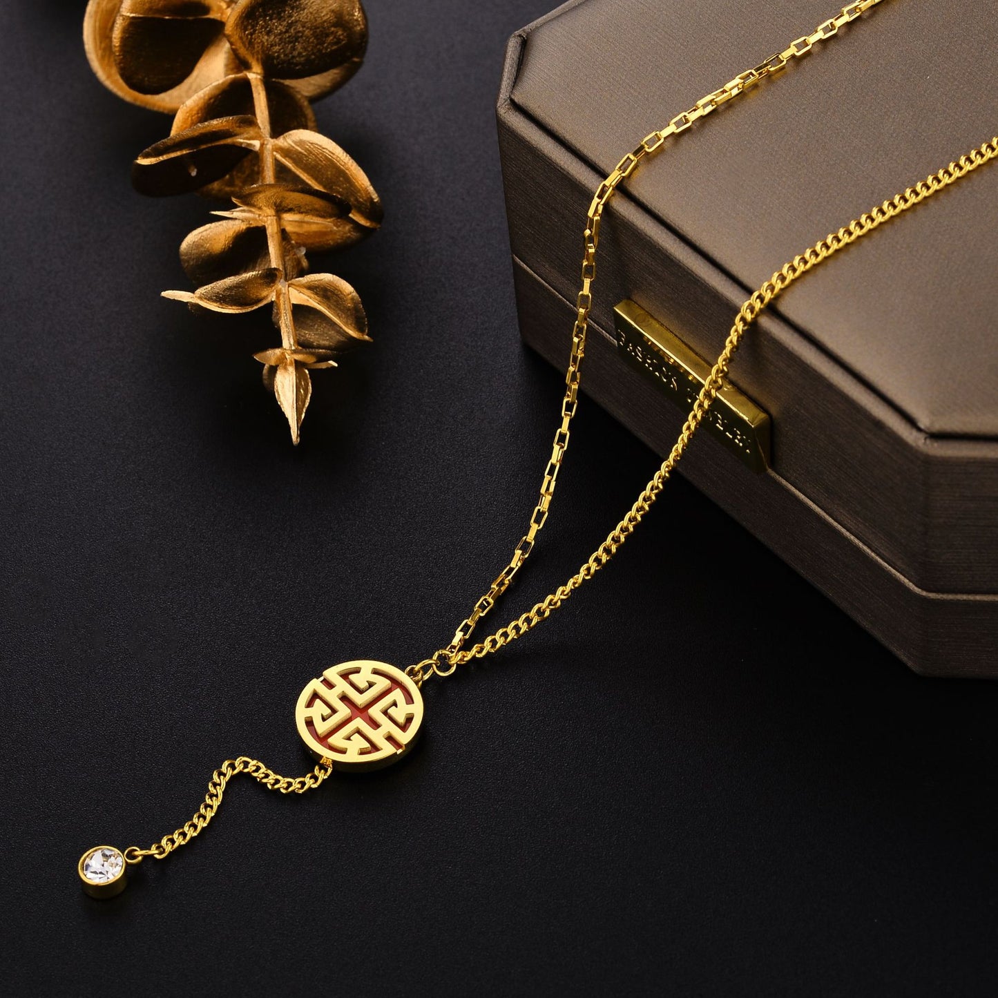 Minimalist Geometric Titanium Steel Lock Pendant Necklace with 18K Gold Plating and Red Enamel Accent for Women