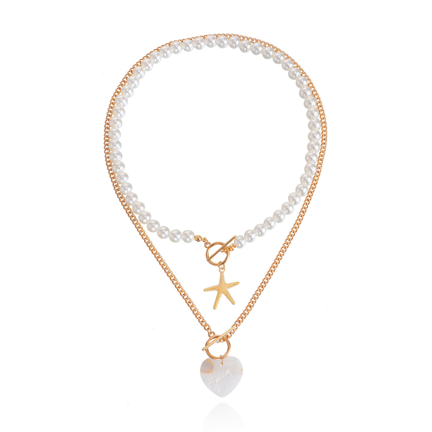 Y2K Style Double-Layer Starfish and Heart Abalone Pendant Necklace for Women with Alloy Construction and Electroplated Finish