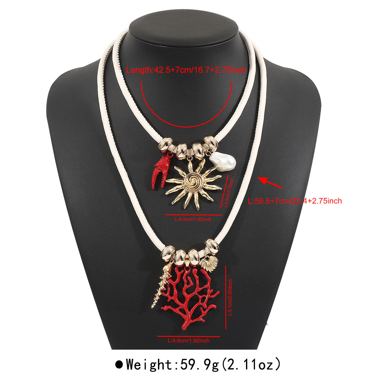 Collana Pendente Sole a Ramo di Corallo Bohemien con Pendente in Lega a Forma Geometrica e Cordino in Pelle per Donne