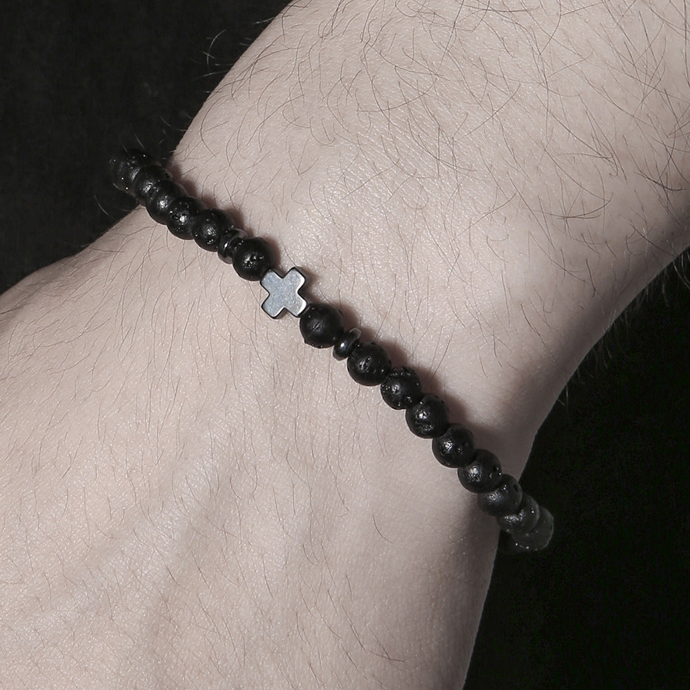 Men's Matte Hematite Cross Bracelet with Volcanic Stone and Turquoise Beads Unisex Geometric Jewelry