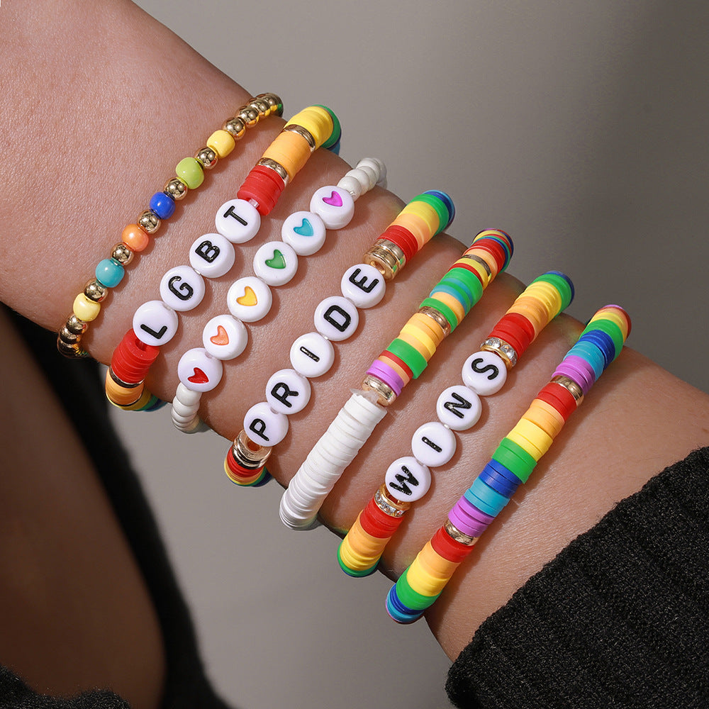 Streetwear Rainbow Gradient Heart Geometric Resin Acrylic Glass Bead Stretch Bracelet Set
