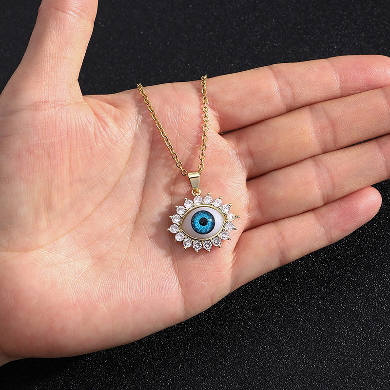 Collana vintage con occhio di Allah geometrico per uomo e donna in rame placcato oro su catena a maglie ovali