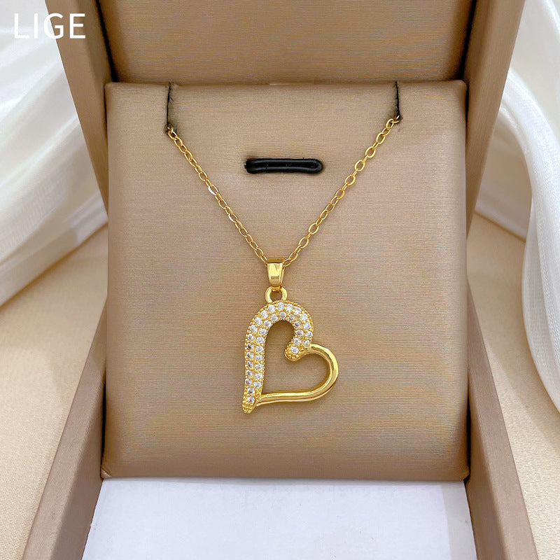 Collana di Lusso a Cuore in Acciaio al Titanio con Intarsi di Strass per Donne e Uomini, Delicata Catena alla Clavicola con Design Geometrico