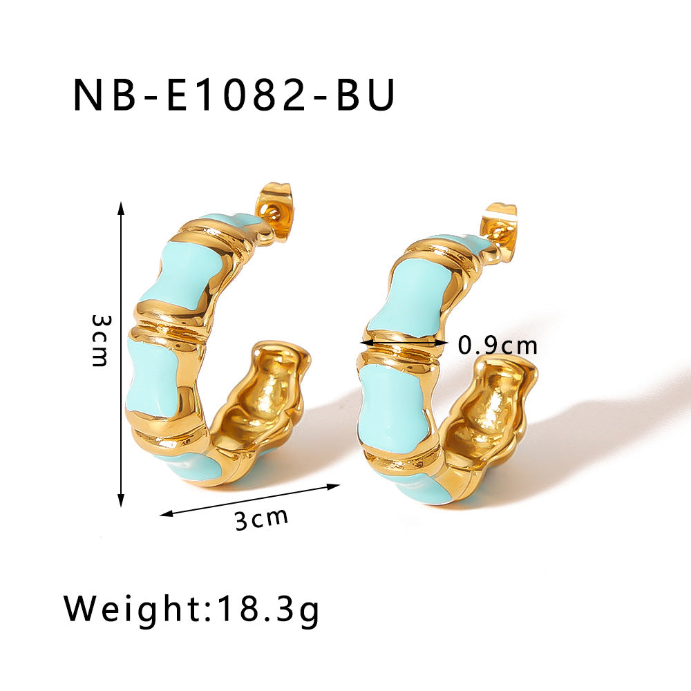 Minimalist Stainless Steel Bamboo Joint C-Shaped Earrings with Enamel Coloring and Gold Plating for Women