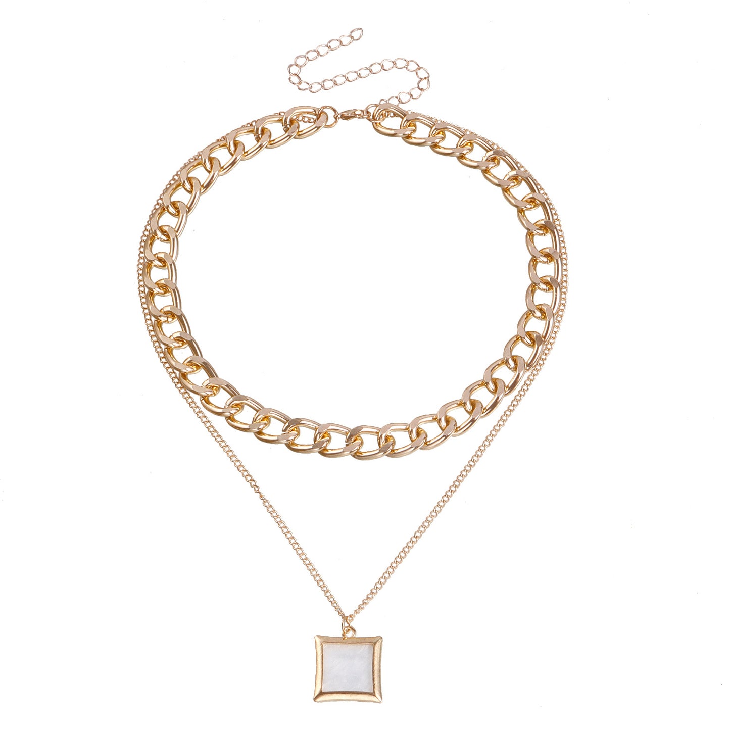 Geometric Square Imitation Mother-of-Pearl Pendant Necklace for Women with Alloy Chain and Electroplated Finish