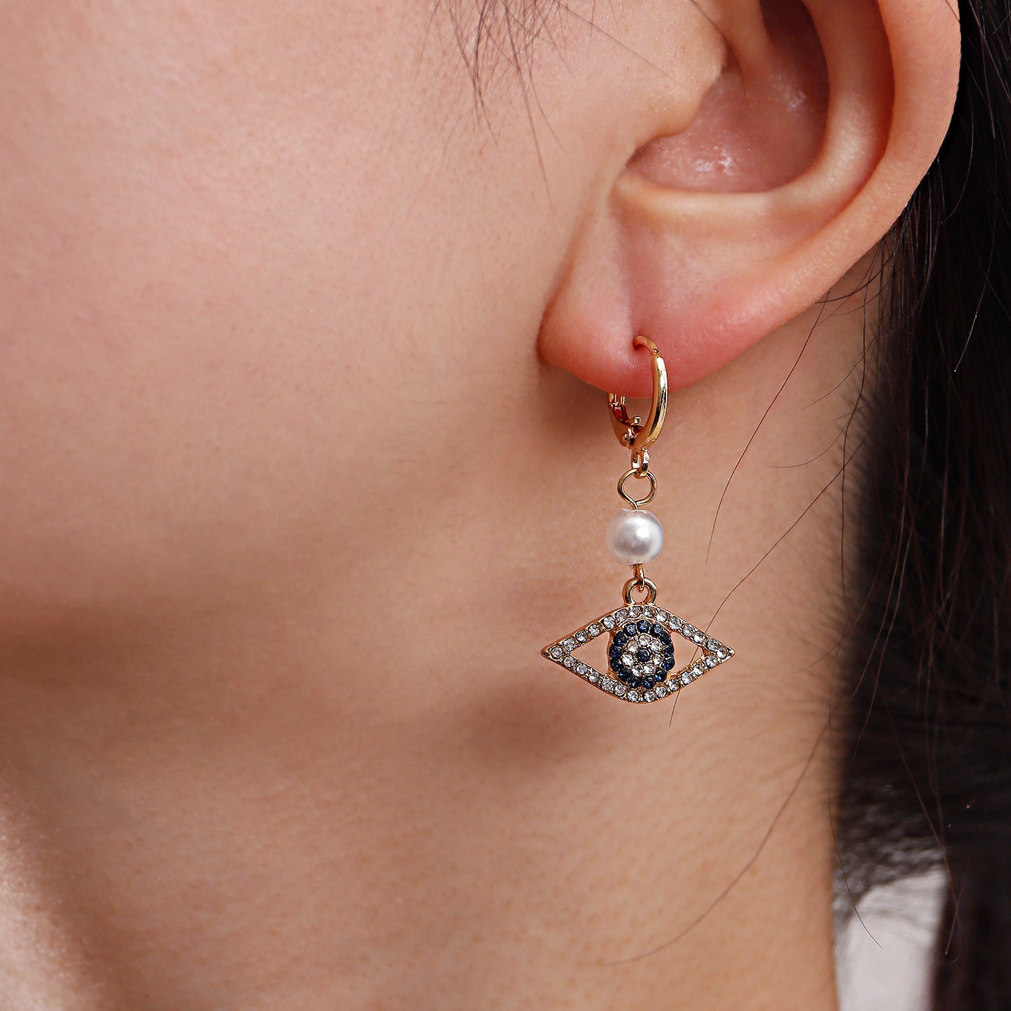 Geometric Blue-Eye Pearl Pendant Earrings for Women with Micro-Pave Rhinestones in Alloy with Plated Finish