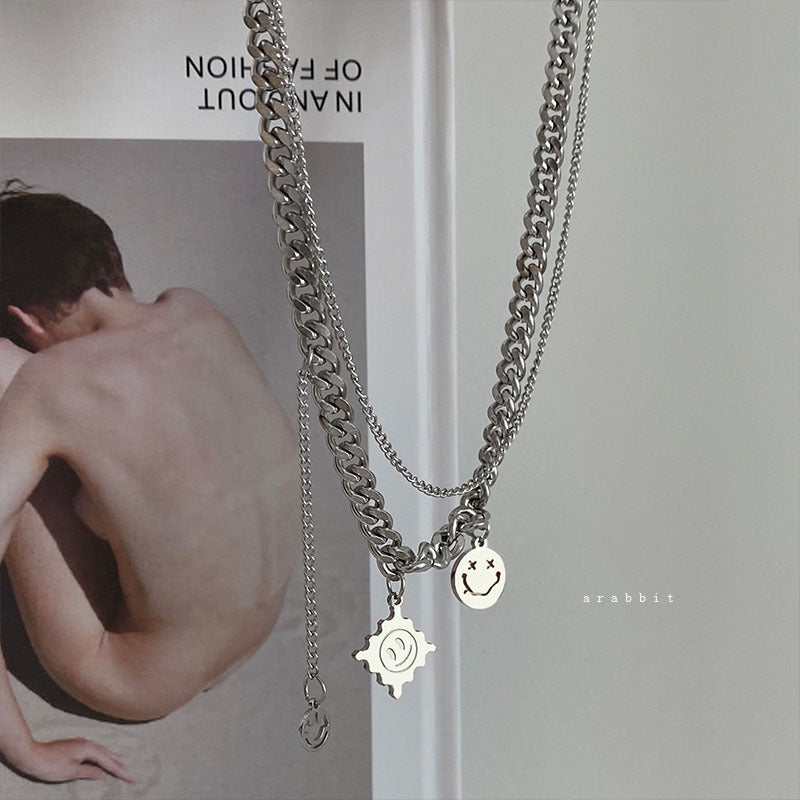 Minimalist Smile Pendant Necklace in Polished Titanium Steel for Women and Men, Geometric Design Layered Clavicle Chain