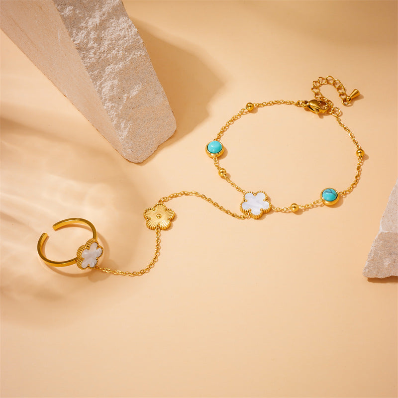 Vintage Elegant Round Stainless Steel Plated Turquoise Tree of Life Floral Bracelet for Women