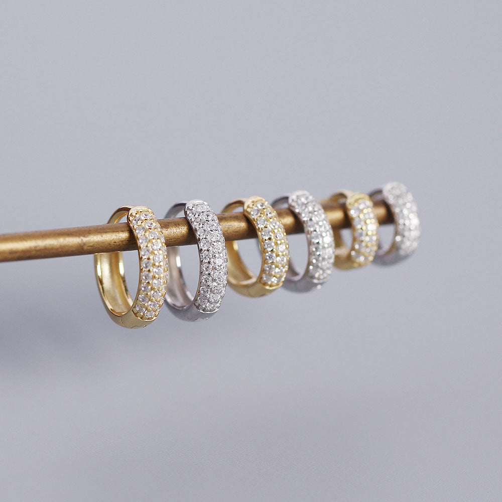 Minimalist Geometric S925 Sterling Silver Huggie Hoop Earrings with Triple Row Rhinestone Inlay