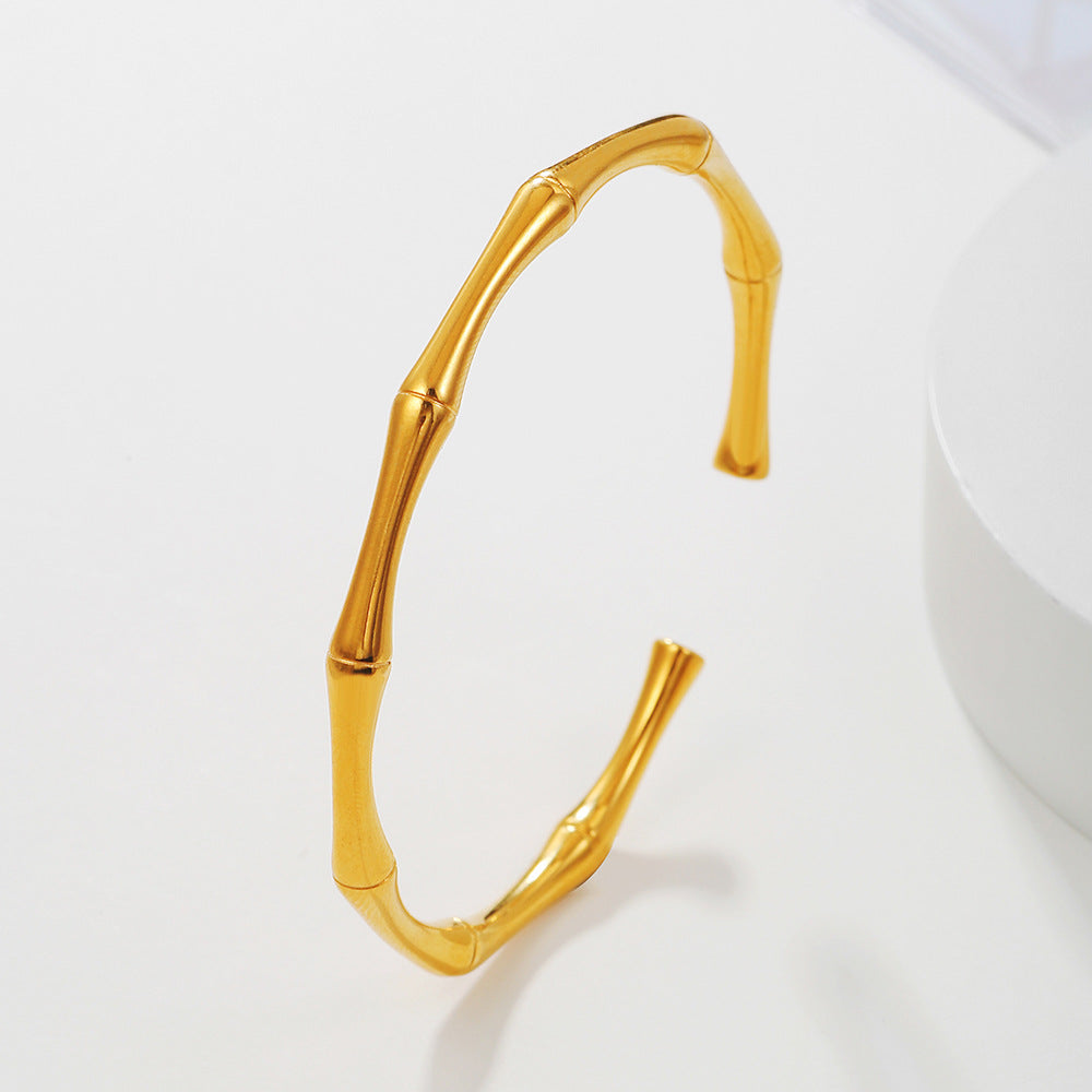 Bamboo Segment Geometric Plated Titanium Steel Open Cuff Bracelet for Women
