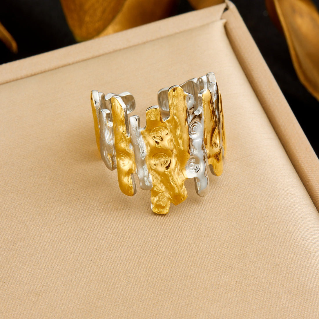 Trendy Gold Plated Floral Bow Stainless Steel Open Ring