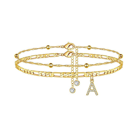Minimalist Alphabet Anklet with Gold-Plated Cubic Zirconia Letters and Miyu Beads Double-Layer Design