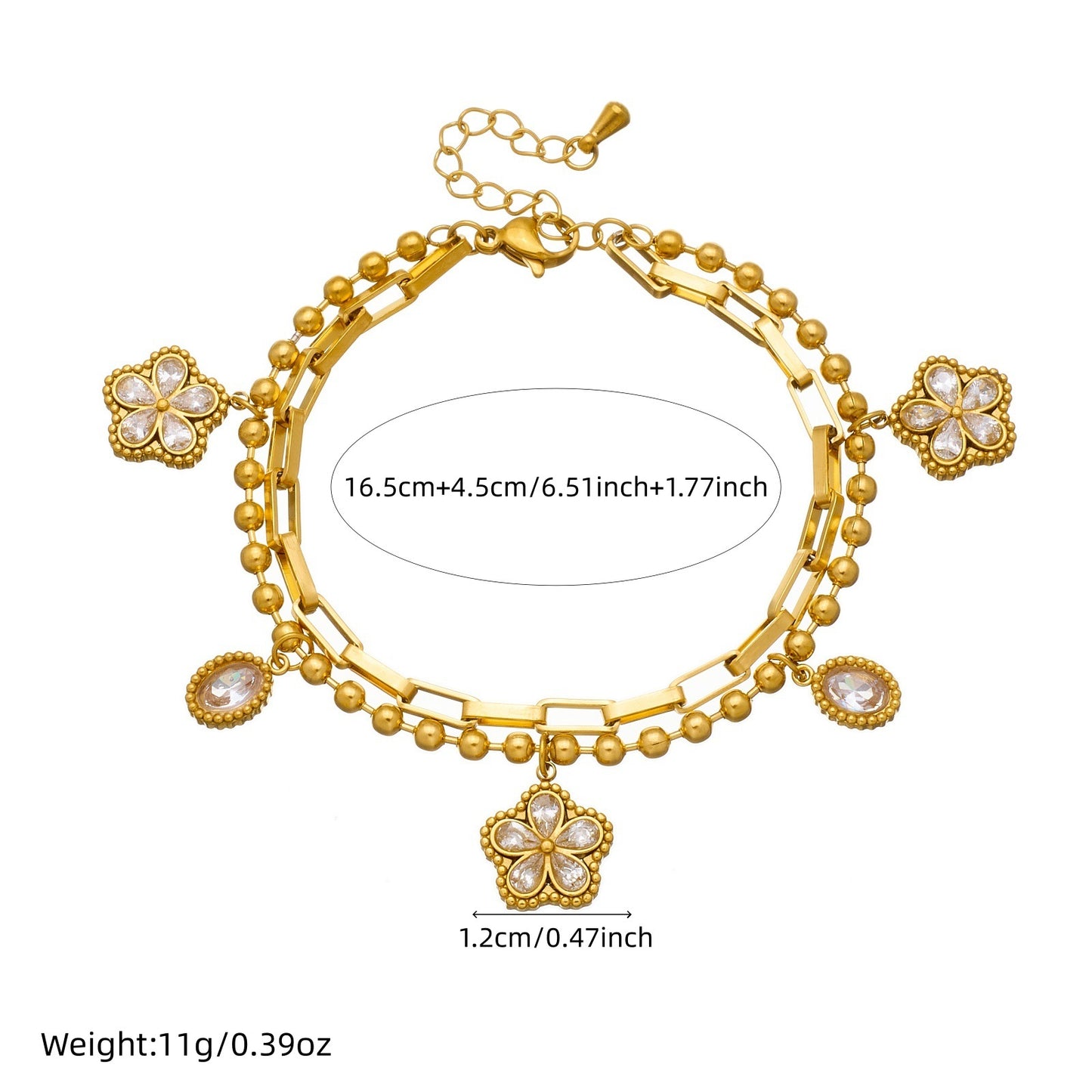 Minimalist Elegant Gold Plated Stainless Steel Floral Teardrop Rhinestone Double Layer Bracelet for Women