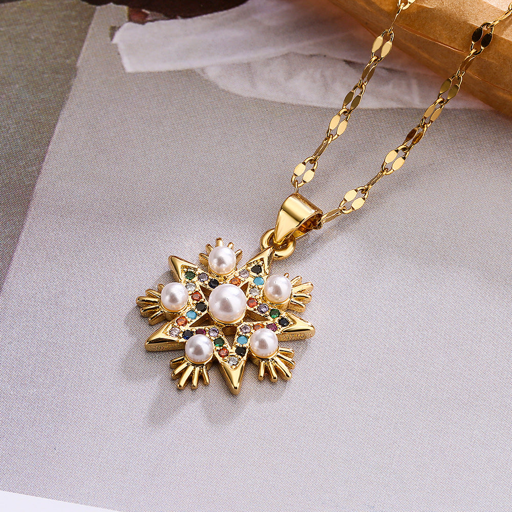 Minimalist Geometric Five-Pointed Star Pendant Necklace for Women with Zircon and Pearl Accents on Copper Chain