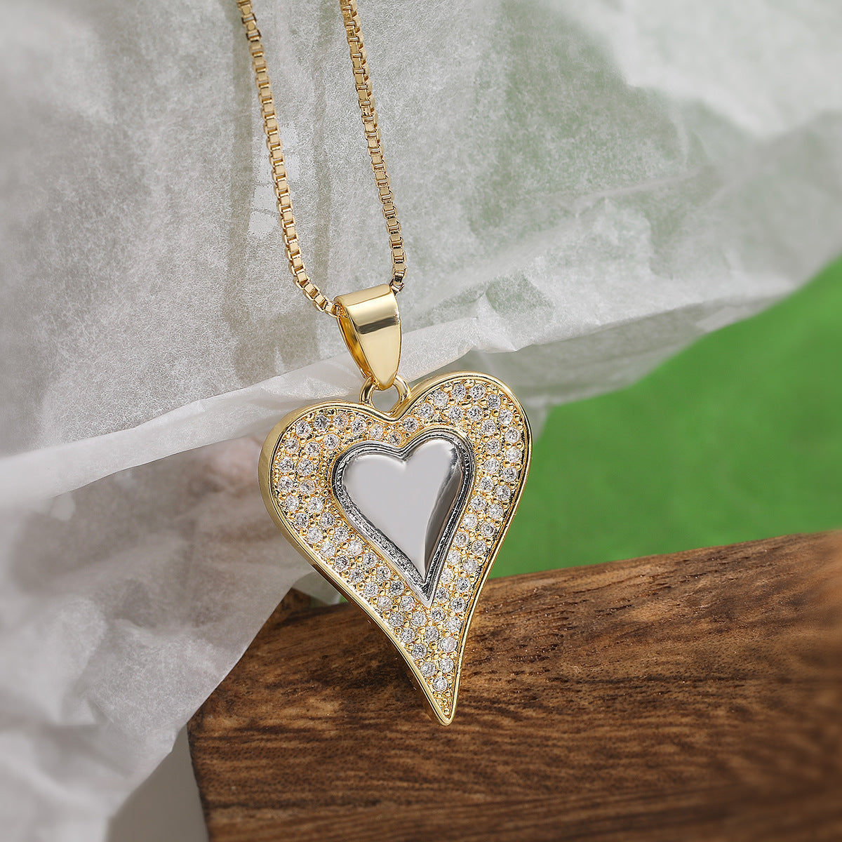 Minimalist 18K Gold Plated Brass Cross and Heart Pendant Necklace with Cubic Zirconia for Women